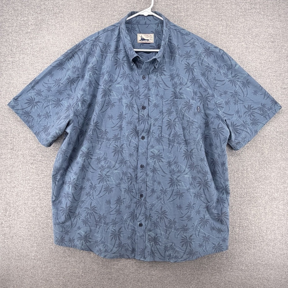 Huk Fishing Shirt Men Size 3XL Blue Short Sleeve Tropical Print Button Up
